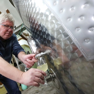 Winzer Bernd Blöser mit neuem Wein der Ernte 2024, der noch im Fass reifen kann. Er zapft gerade ein Glas aus dem Fass ab. Der junge Wein ist noch trüb.