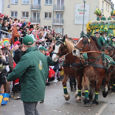 Ein Pferdegespann der Ehrengarde auf der Severinstraße während des Rosenmontagszugs.