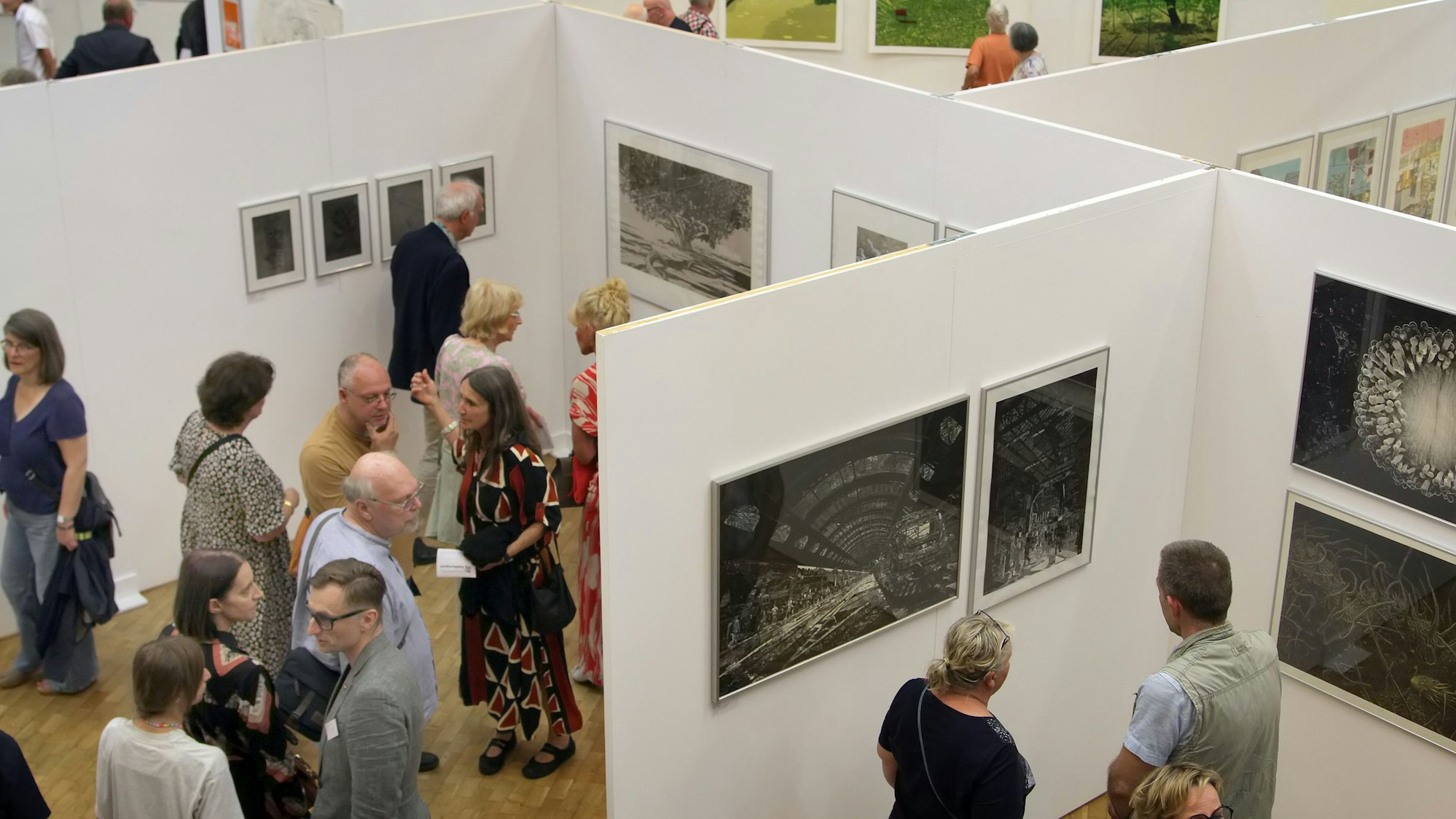Auf dem Bild sind Ausstellungswände mit Kunst sowie die Besucher im Stadtsaal zu sehen.