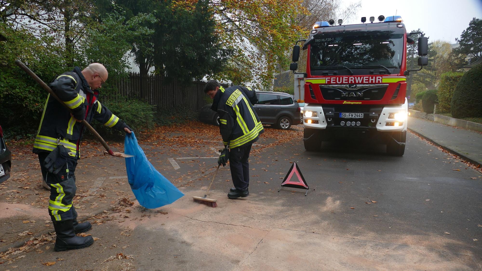 Wenn sie eine Ölspur beseitigt, streut die Feuerwehr die verunreinigte Stelle mit einem Bindemittel ab und kehrt es zusammen.