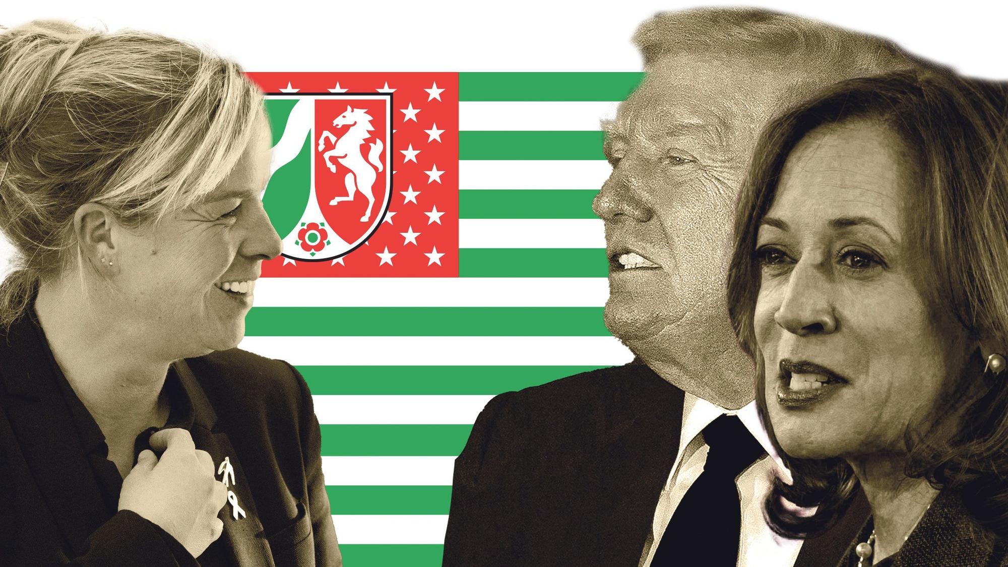 NRW-Wirtschaftsministerin Mona Neubauer sowie die US-Präsidentschaftskandidaten Kamala Harris und Donald Trump, Montage