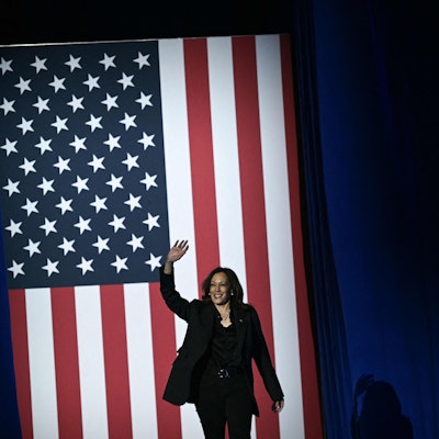TOPSHOT - US Vice President and Democratic presidential candidate Kamala Harris waves as she arrives to speak during a "When We Vote We Win" rally at the Wisconsin State Fair Park Exposition Center in West Allis, Milwaukee, Wisconsin, November 1, 2024. (Photo by Brendan SMIALOWSKI / AFP)