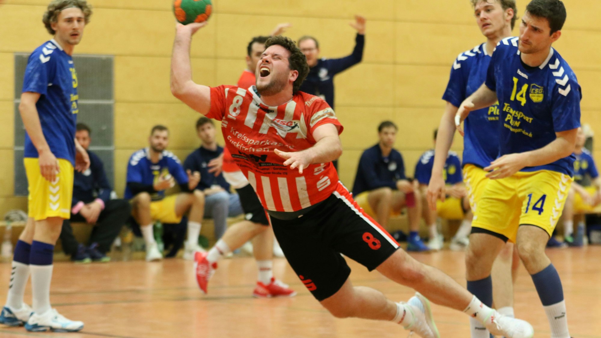 Das Bild zeigt den Handballer im Wurf. Er ist zuvor aber gefoult worden.