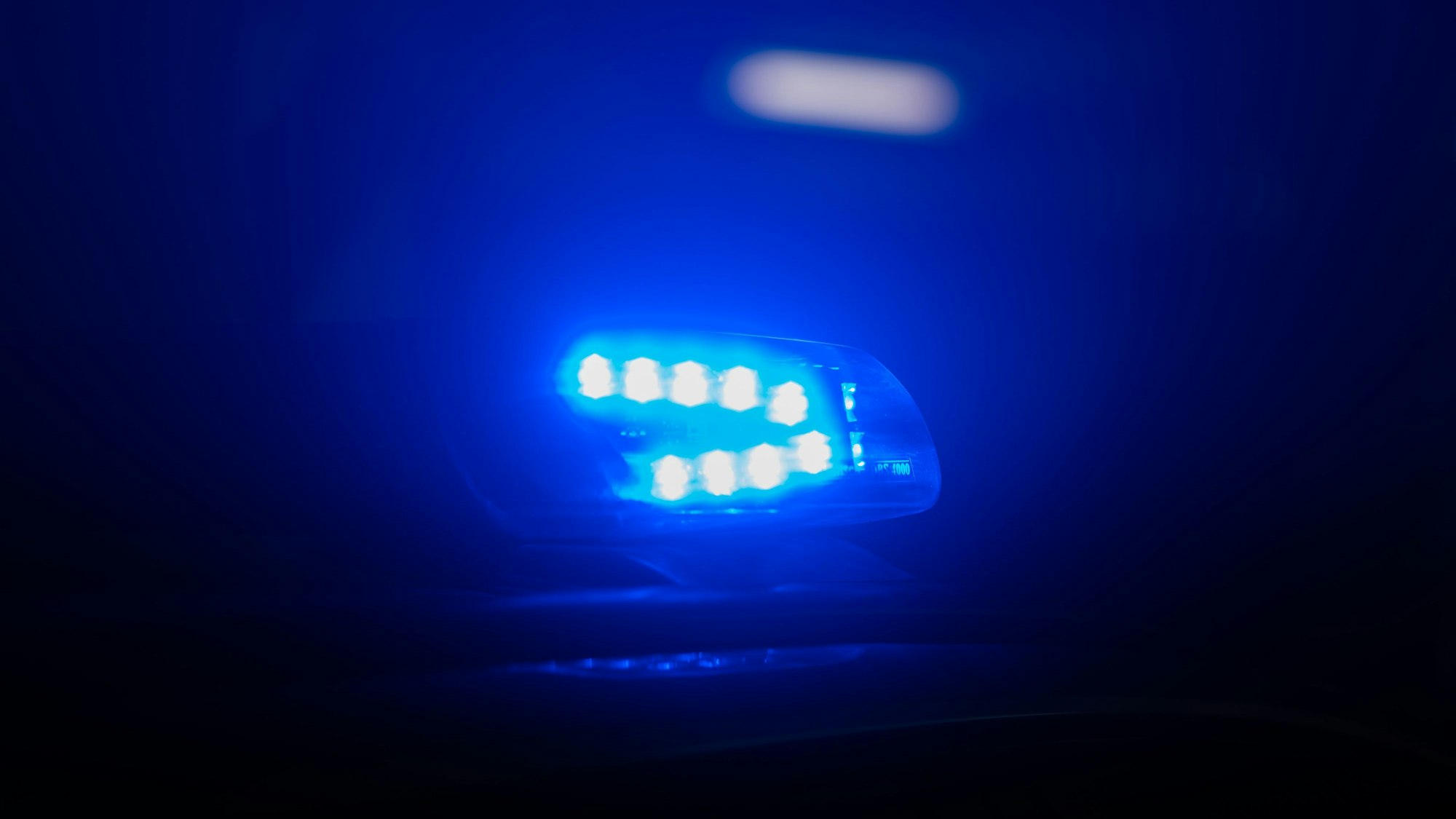 Blaulicht leuchtet auf dem Dach eines Polizeiautos.