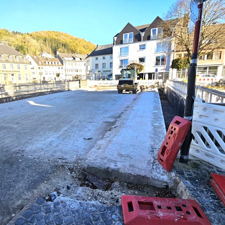 Die leere Brücke ist zu sehen, auf der eine Raupe steht.