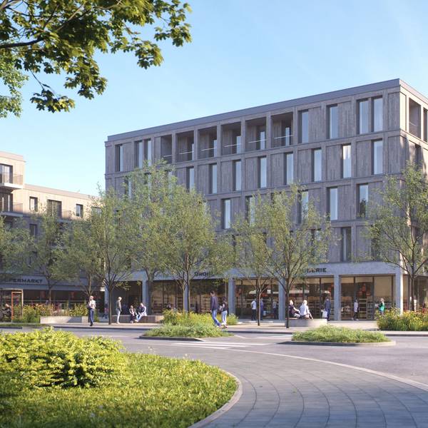 Ein neuer Kreisverkehr Ecke Sürther, Eygelshovener Straße soll zukünftig in das Zentrum „Neue Mitte Michaelshoven“ führen. (Visualisierung)