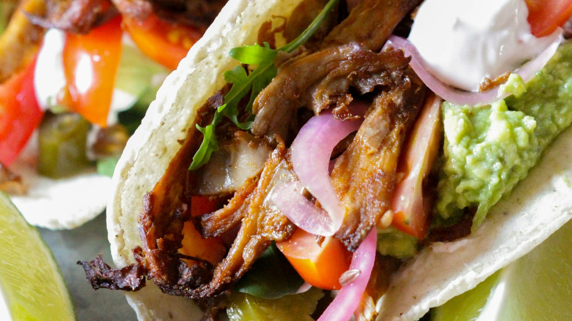 Sieht aus wie ein Fleisch-Taco. Doch der Wrap ist mit gerupften Austernseitlingen gefüllt. Foto: Barbara Stukenborg/helene-holunder.de/dpa-tmn - ACHTUNG: Nur zur redaktionellen Verwendung im Zusammenhang mit dem genannten Text und nur bei vollständiger Nennung des vorstehenden Credits.