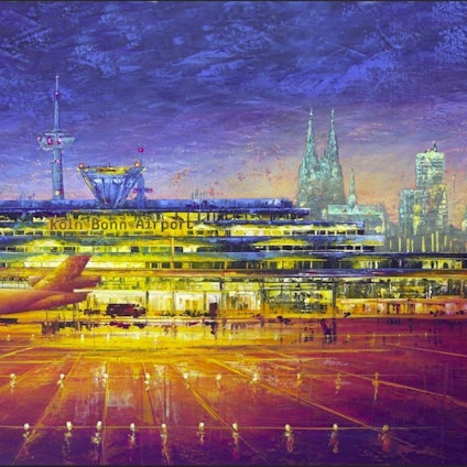 Ansicht eines Gemäldes, das den Flughafen Köln/Bonn zeigt mit dem Dom im Hintergrund.