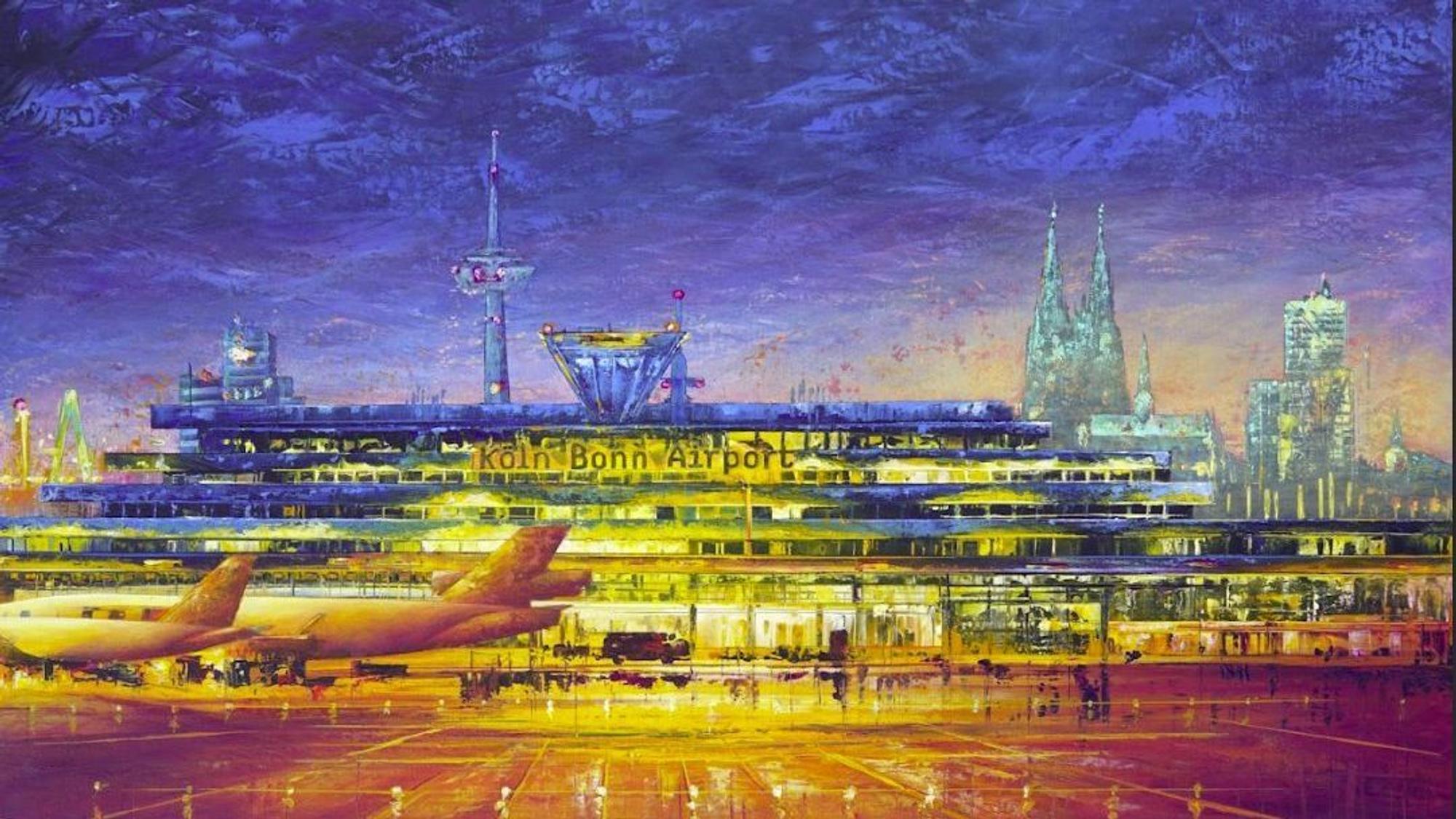 Ansicht eines Gemäldes, das den Flughafen Köln/Bonn zeigt mit dem Dom im Hintergrund.