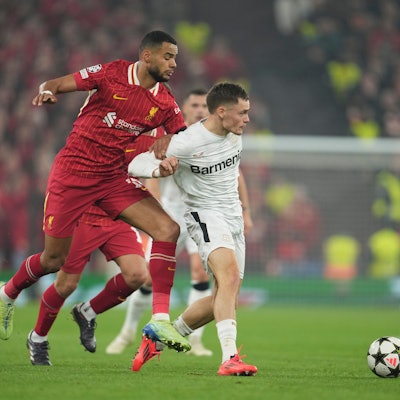 Liverpools Cody Gakpo (links) und Leverkusens Florian Wirtz kämpfen im Champions League Spiel um den Ball.