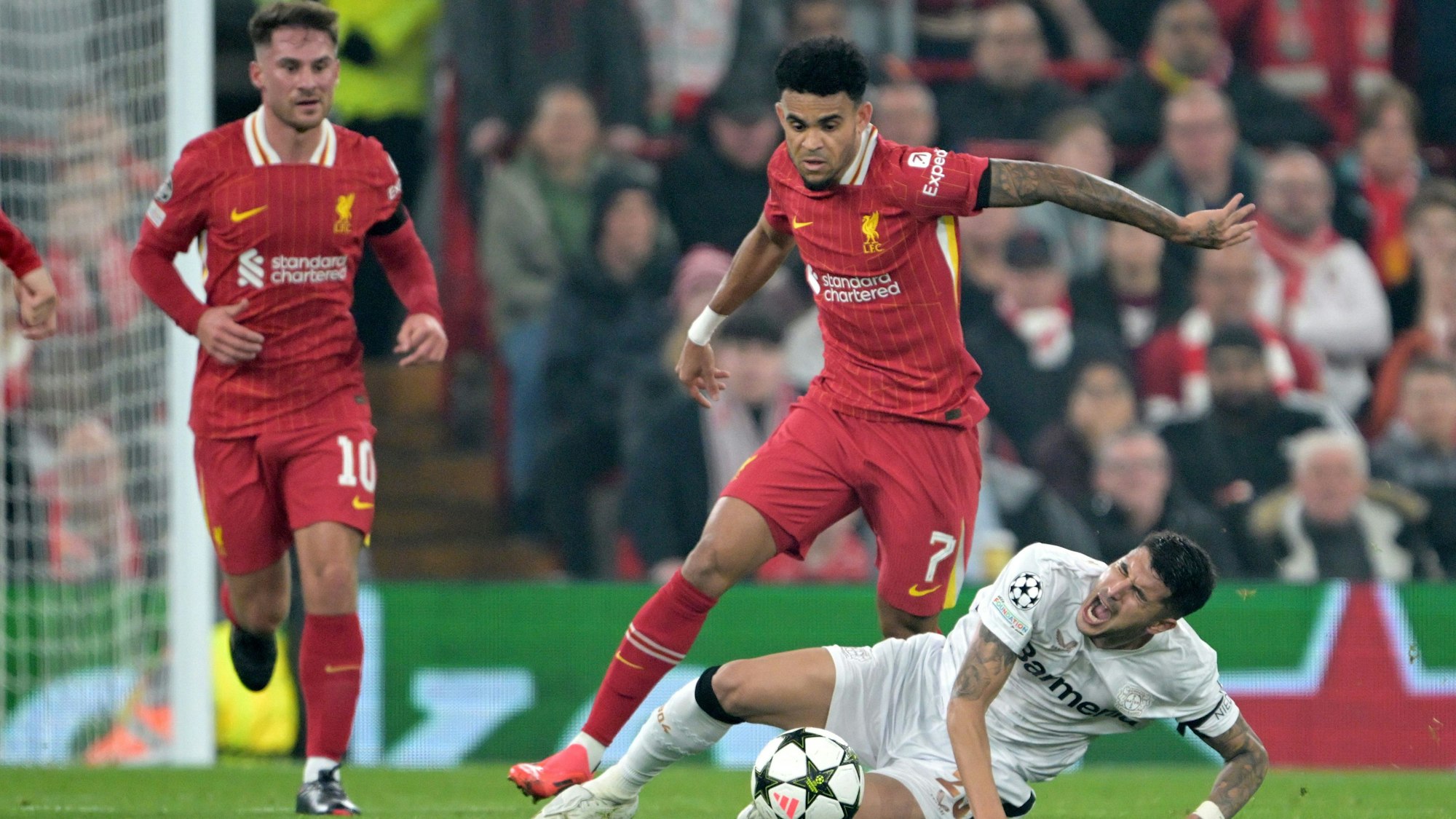 Liverpools Luis Diaz (M) und Leverkusens Exequiel Palacios kämpfen um den Ball.