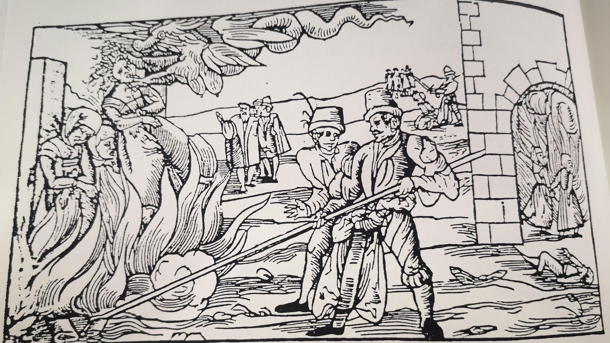 Illustration einer Frau, die als Hexe verurteilt auf dem Scheiterhaufen verbrannt wird.