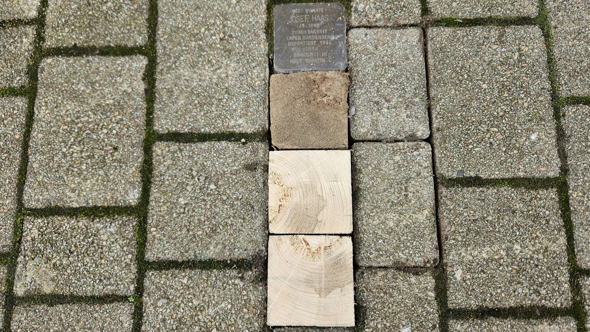 Drei fehlende Steine in der Dreiborner Straße sind durch Stücke aus Holzbalken ersetzt.