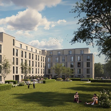 Computergenerierter Blick auf einen neuen L-förmigen Wohnblock