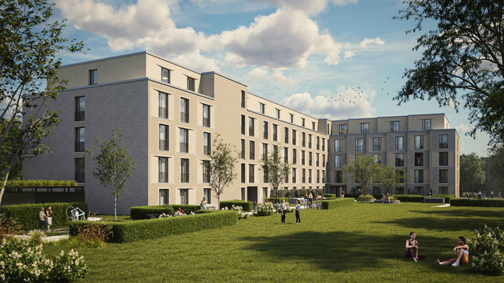 Computergenerierter Blick auf einen neuen L-förmigen Wohnblock
