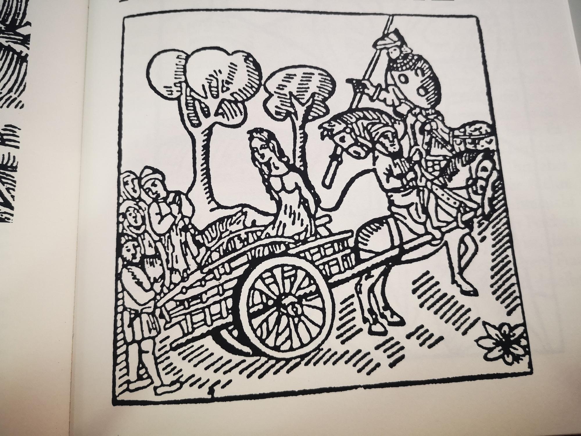 Illustration einer verurteilten Frau, die mit einem Karren zu ihrer Hinrichtungsstätte gebracht wird.