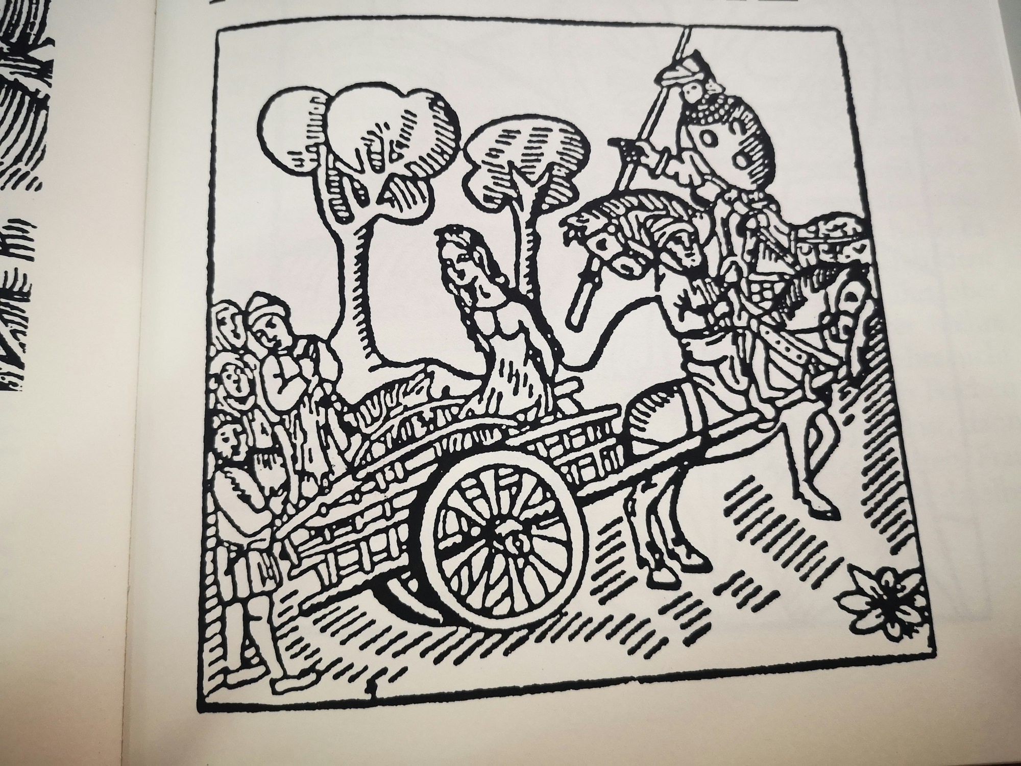 Illustration einer verurteilten Frau, die mit einem Karren zu ihrer Hinrichtungsstätte gebracht wird.