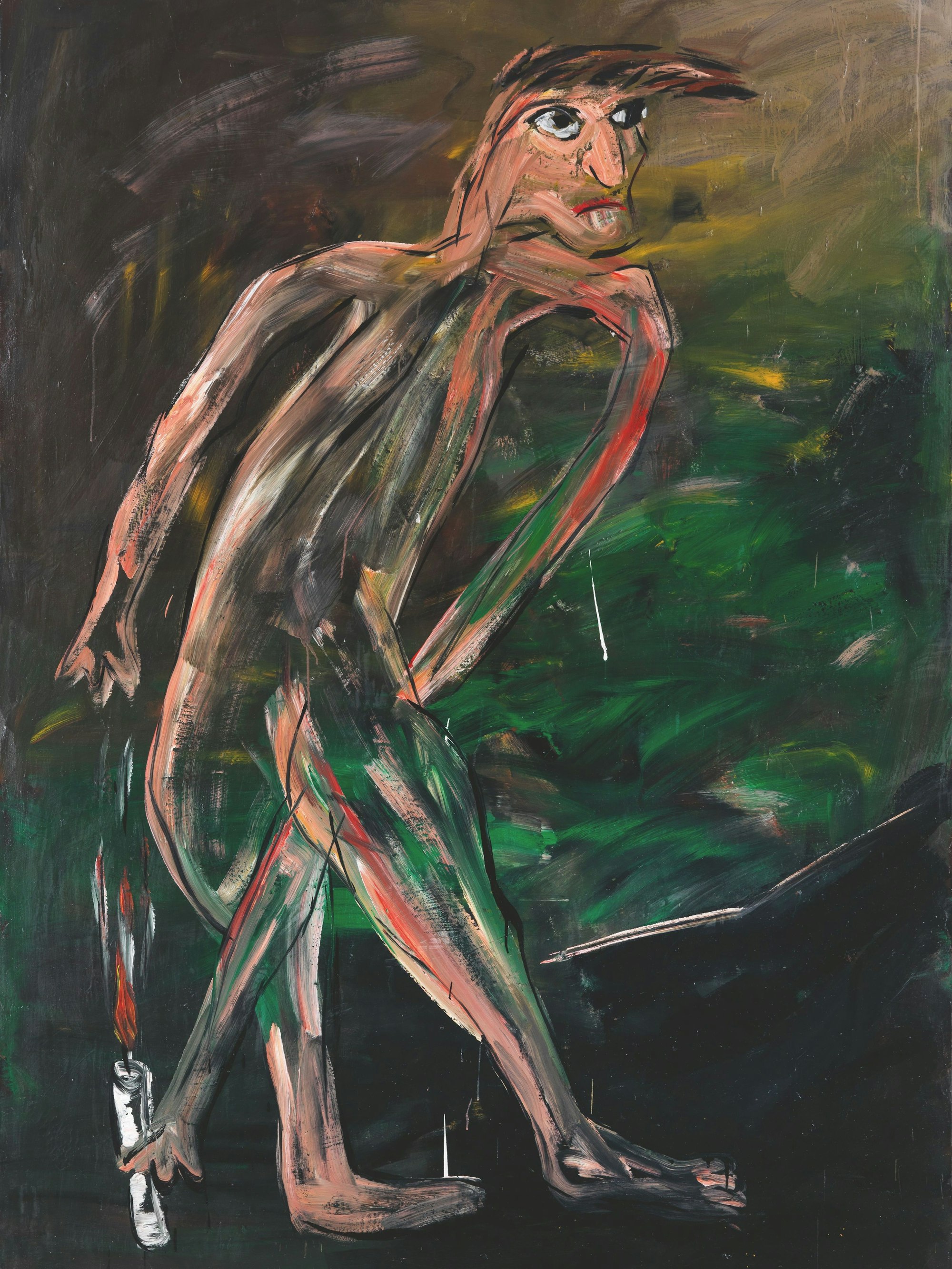 Ein gemalter Mann mit langem linken Arm und einer Kerze.