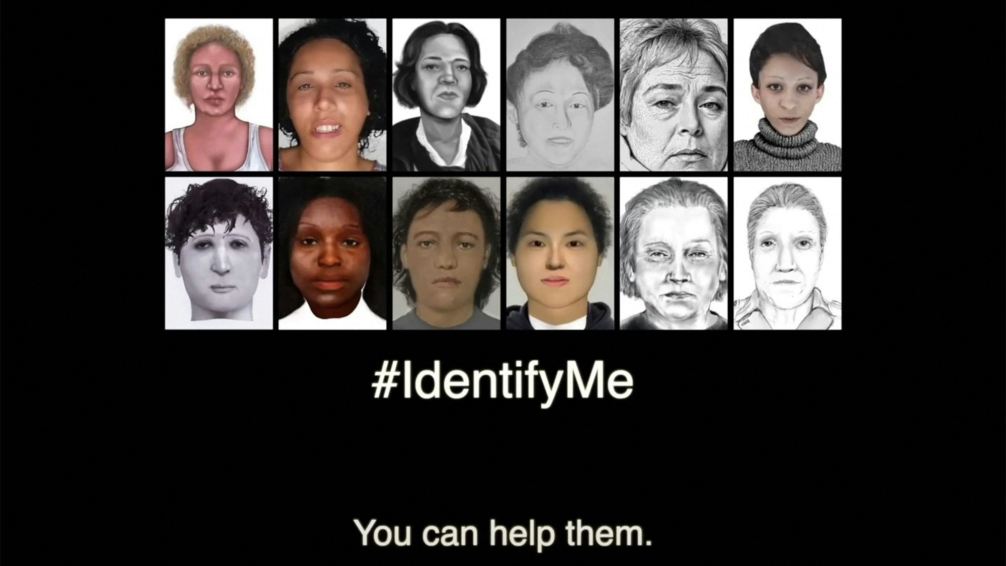 Dieses Video-Standbild zeigt nicht identifizierte Frauen im Rahmen der Kampagne „Identify Me“ zur Identifizierung von 46 Frauen, deren sterbliche Überreste in ganz Europa in ungelösten Fällen gefunden wurden, von denen einige Jahrzehnte zurückliegen. Die bei Wetzlar gefundene Frau ist unten die Dritte von rechts.