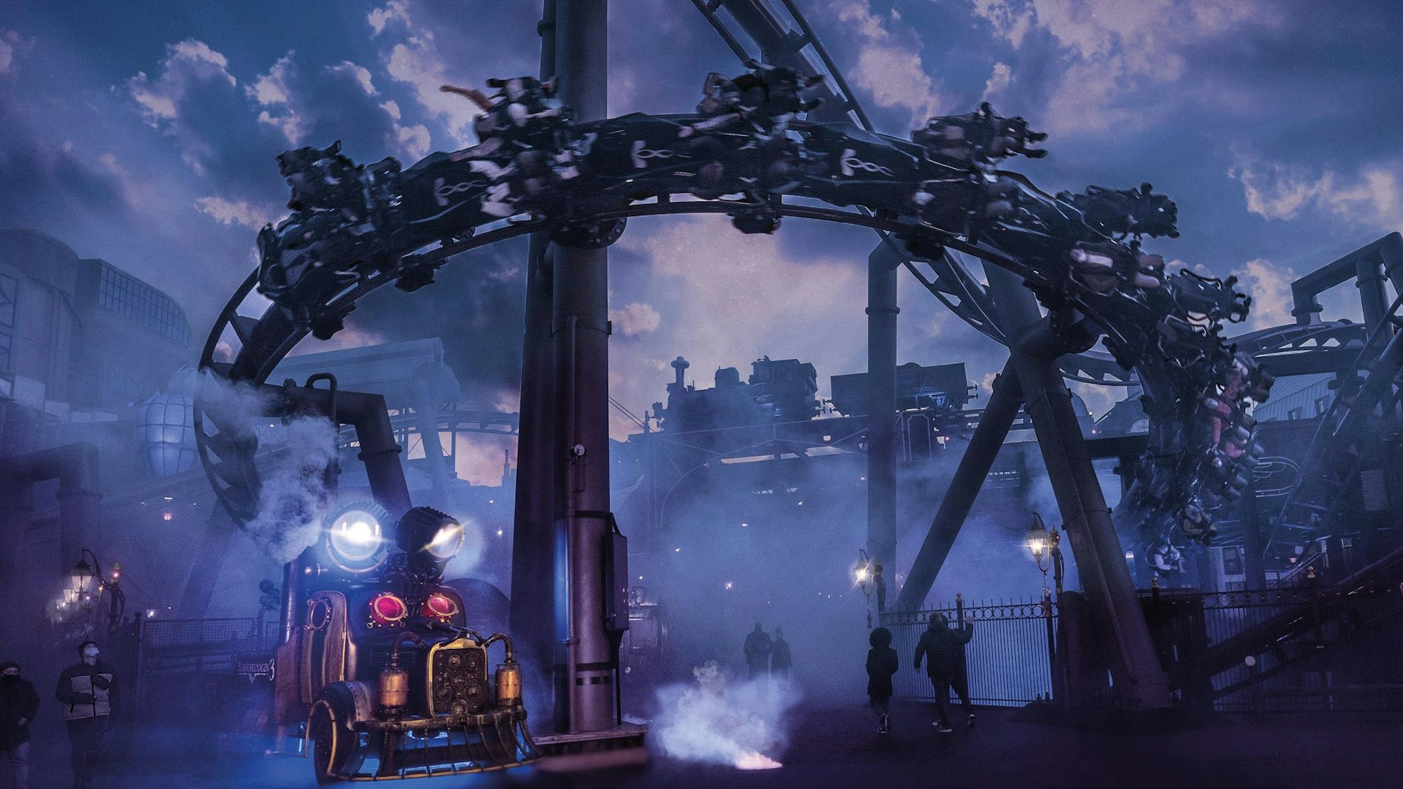 Die Achterbahn F.L.Y. windet sich um Säulen und fährt unter Nebelmaschinen mitten durch den Themenbereich.