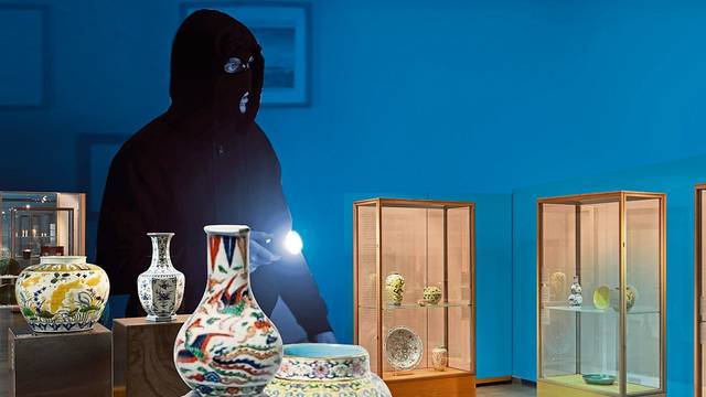 Die Bildcollage zeigt einen vermummten Einbrecher und Ausstellungsstücke im Ostasiatischen Museum