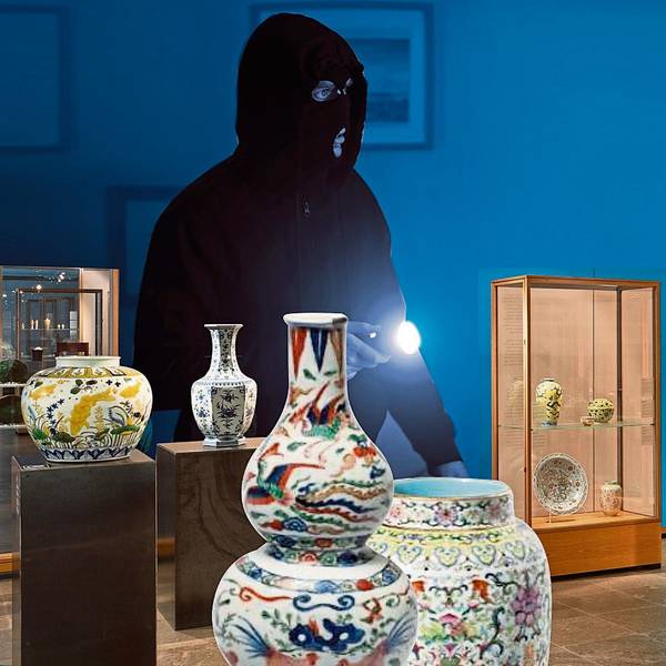 Die Bildcollage zeigt einen vermummten Einbrecher und Ausstellungsstücke im Ostasiatischen Museum