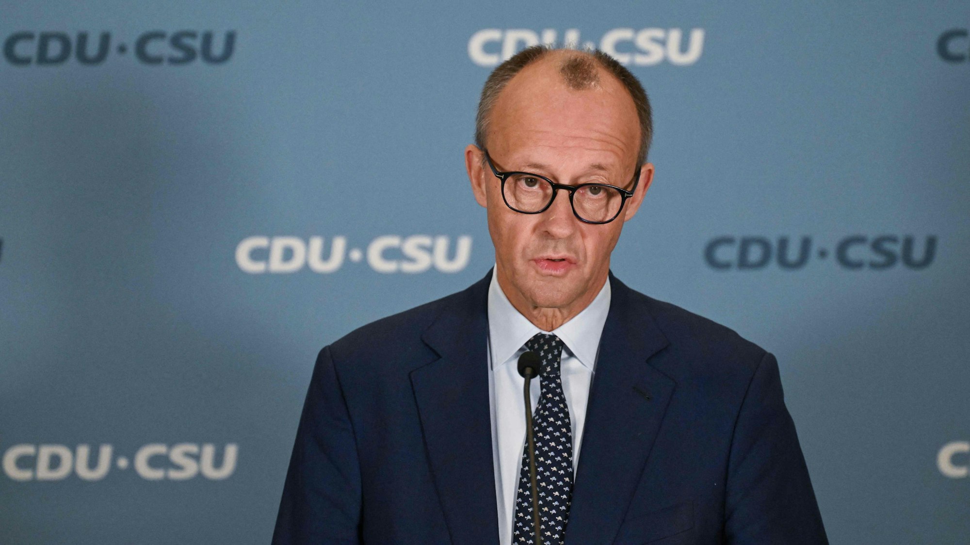 The leader of Germany's  Christian Democratic Union (CDU) Friedrich Merz speaks to media at the Bundestag, Germany's lower house of parliament in Berlin, on November 7, 2024.