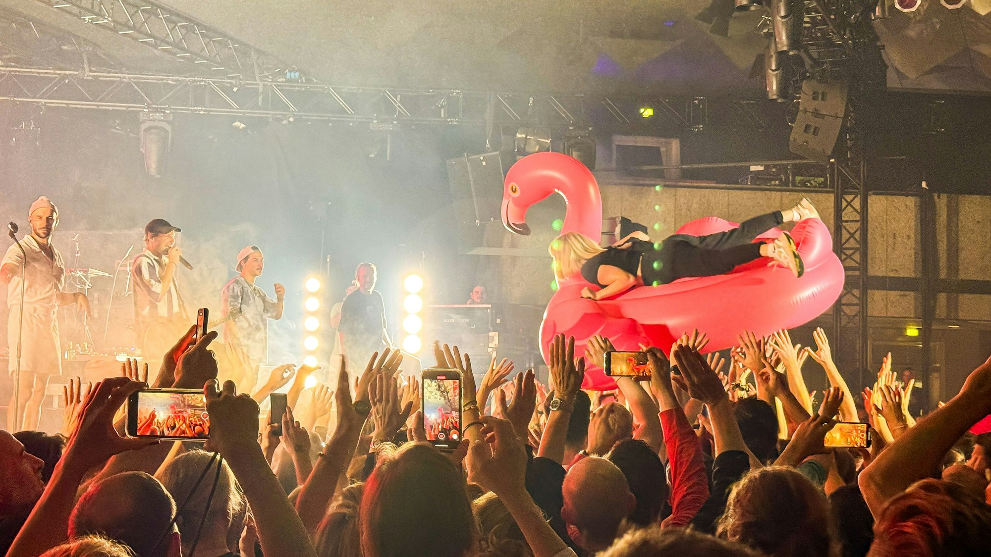 Ein Flamingo in Rosa mit Musikerin darauf