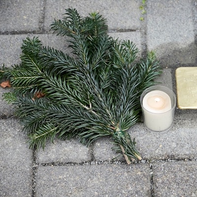 Ein neu verlegter Stolperstein, neben dem eine Kerze und ein Tannenzweig liegt.