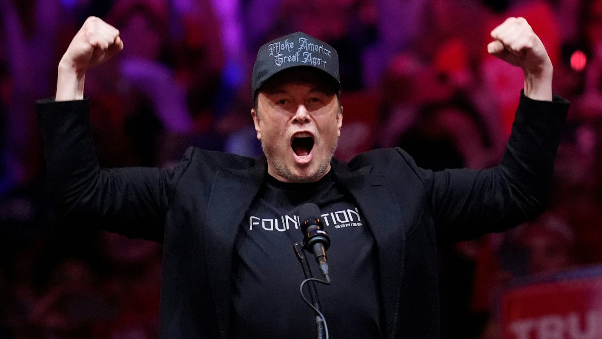 ARCHIV - 27.10.2024, USA, New York: Elon Musk spricht vor dem republikanischen US-Präsidentschaftskandidaten und ehemaligen US-Präsidenten Trump bei einer Wahlkampfveranstaltung im Madison Square Garden in New York.