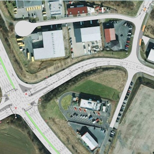 Blick von oben auf die Großkreuzung mit den skizzierten Veränderungen.