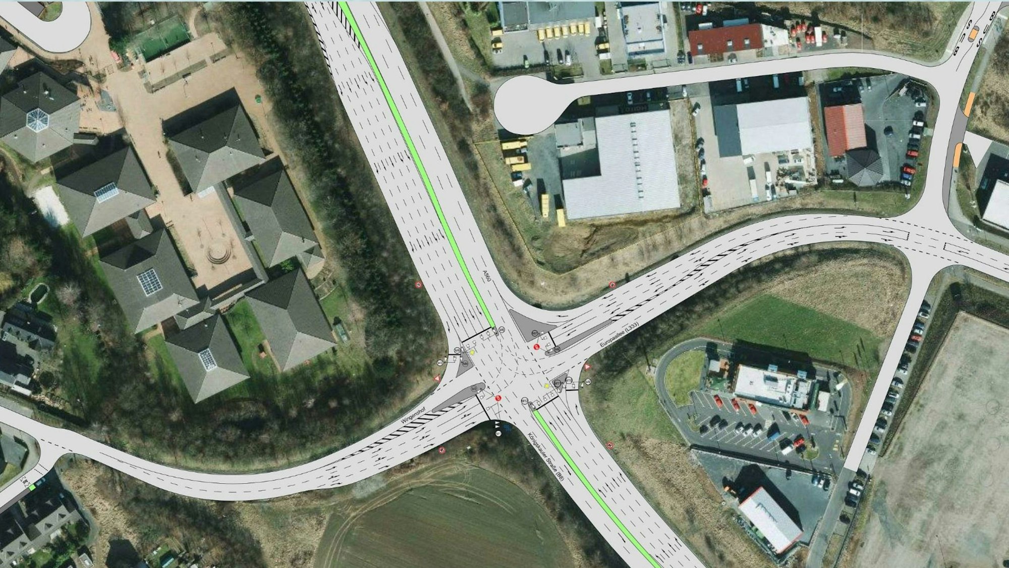 Blick von oben auf die Großkreuzung mit den skizzierten Veränderungen.