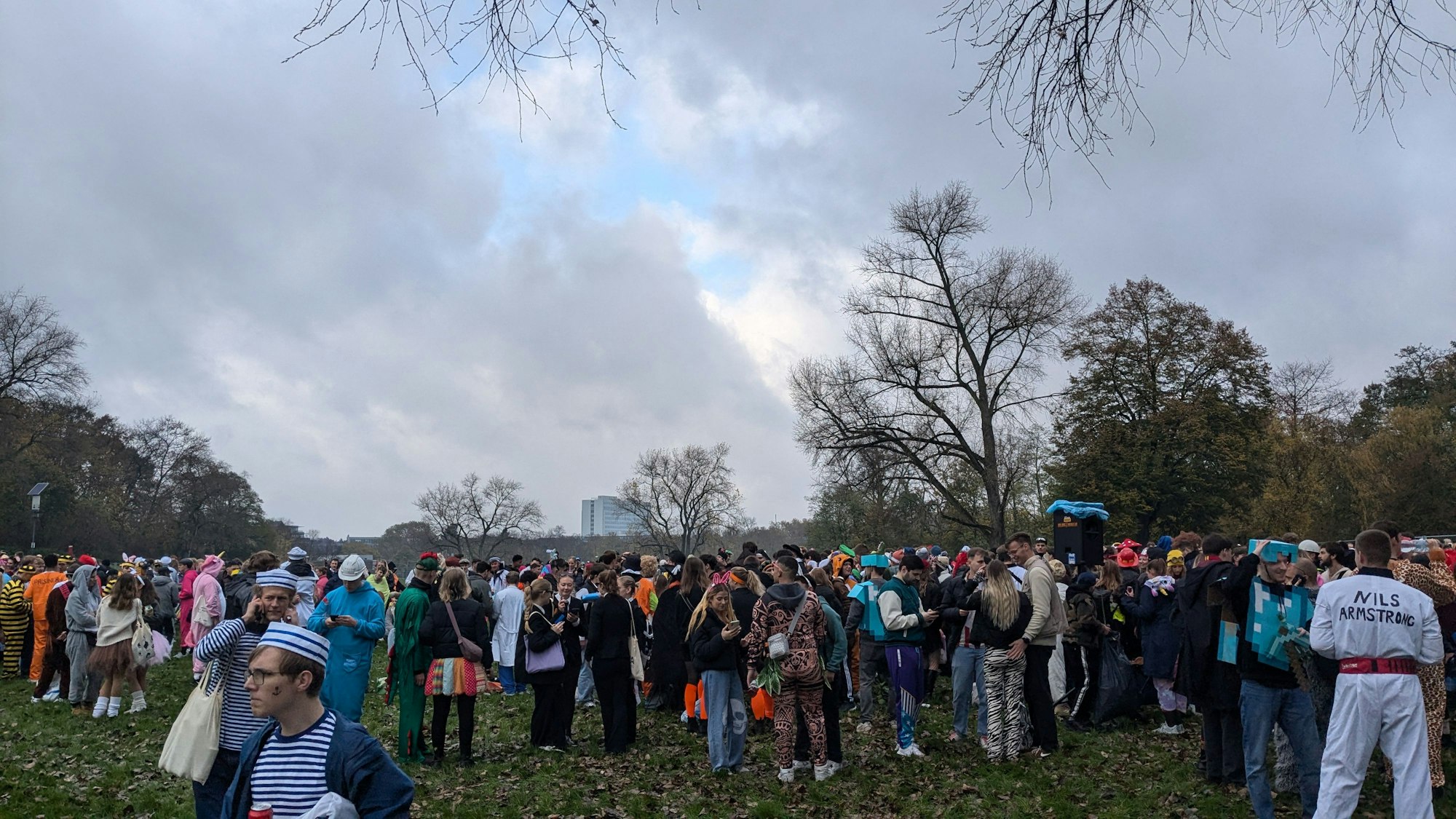 Auf der Wiese in der Mitte der Parks sammelt sich eine immer größer werdende Gruppe.