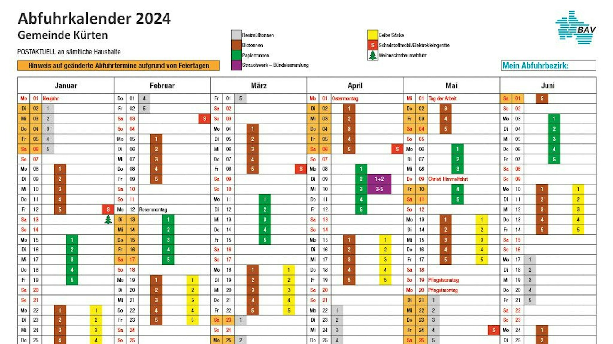 Das Foto zeigt den Müllkalender der Gemeinde Kürten