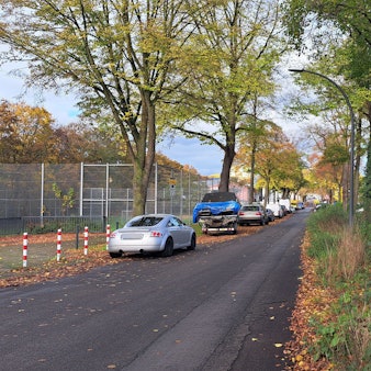 Die Buchholzstraße im Mülheimer Norden ist nicht richtlinienkonform in Gehweg, Fahrbahn, Parkplätze sowie Grünflächen und Baumstandorte aufgeteilt.