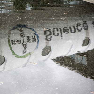 Die Bayer-Werbung an der Röhre über der B8 spiegelt sich in einer Pfütze.