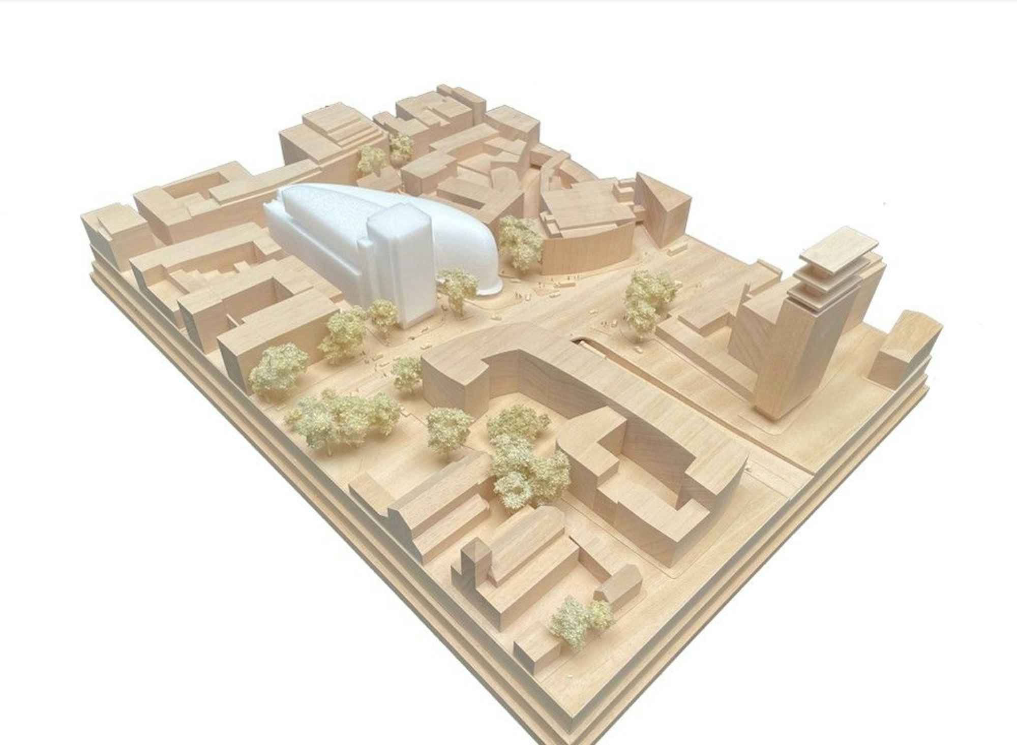 Das Modell zeigt das geplante 48 Meter hohe Haus an der Cäcilienstraße neben dem Weltstadthaus. Es ist zu einer Seite hin abgestuft. Detailplanungen stehen noch aus.
