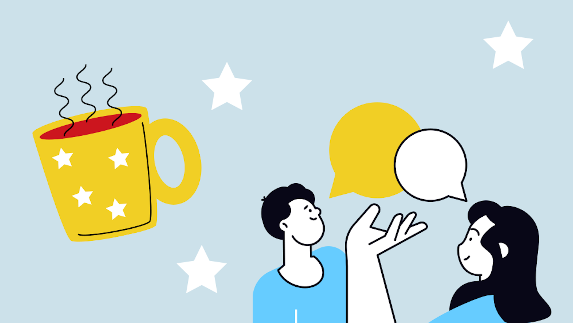 Illustration dreier Menschen, die sich unterhalten und nachdenken.