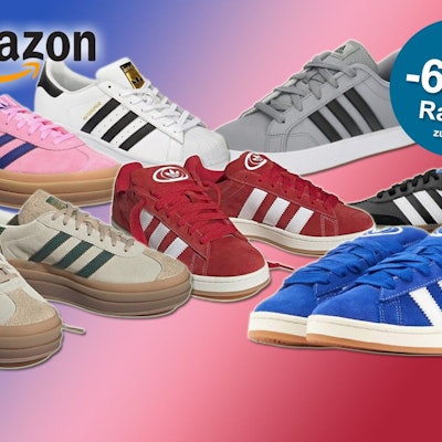 Produktbilder von verschiedenen adidas Modellen, wie Gazelle, Campus, Samba und Superstars vor einem blauen, pinken und roten Farbverlauf