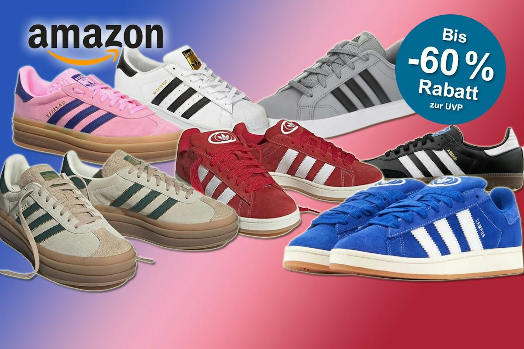 Produktbilder von verschiedenen adidas Modellen, wie Gazelle, Campus, Samba und Superstars vor einem blauen, pinken und roten Farbverlauf
