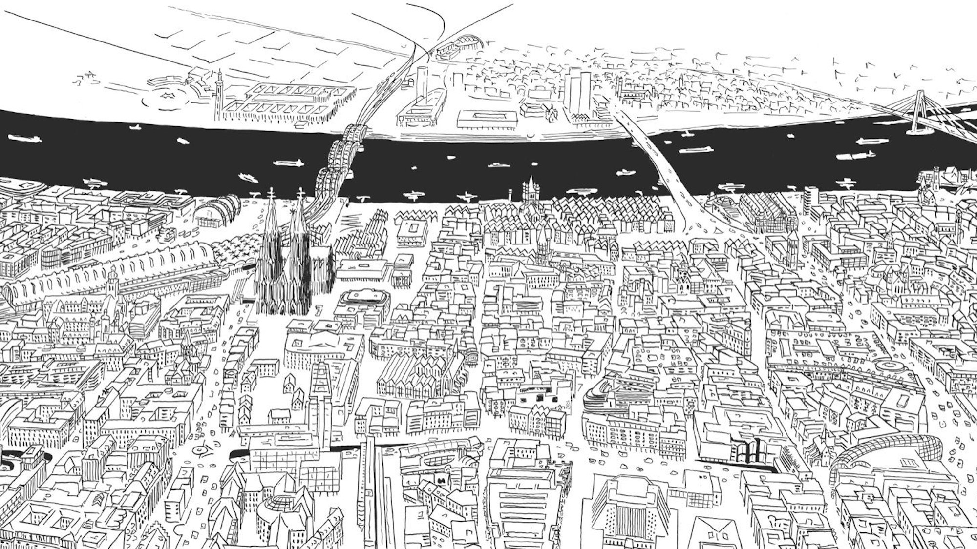 Eine Zeichnung der Stadt Köln aus der Vogelperspektive.
