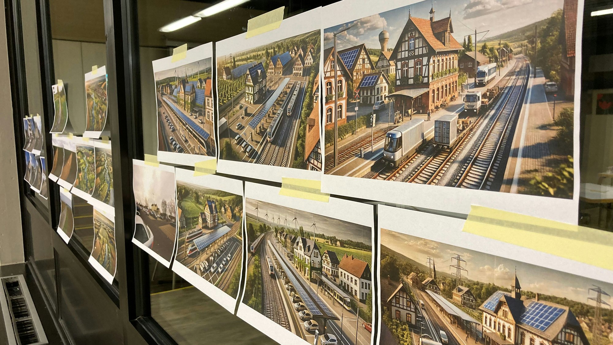 Bilder des Weilerswister Bahnhofs, die mithilfe von KI generiert wurden, hängen an Fensterscheiben.