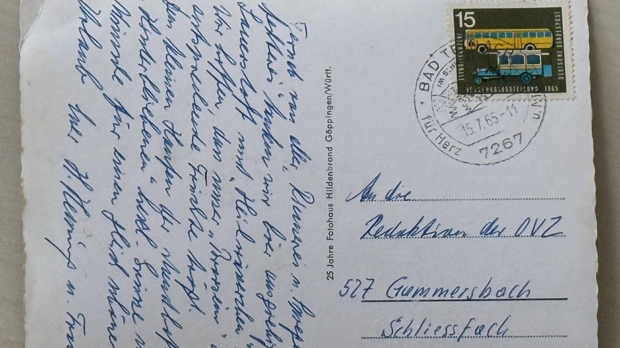 Mehr als 59 Jahre haben diese Urlaubsgrüße des Reporters Helmut Heuring für den Weg von Bad Teinach im Schwarzwald nach Gummersbach gebraucht. Wie diese Karte jetzt in die Zustellung geraten ist, wird wohl für immer ein Geheimnis bleiben.
