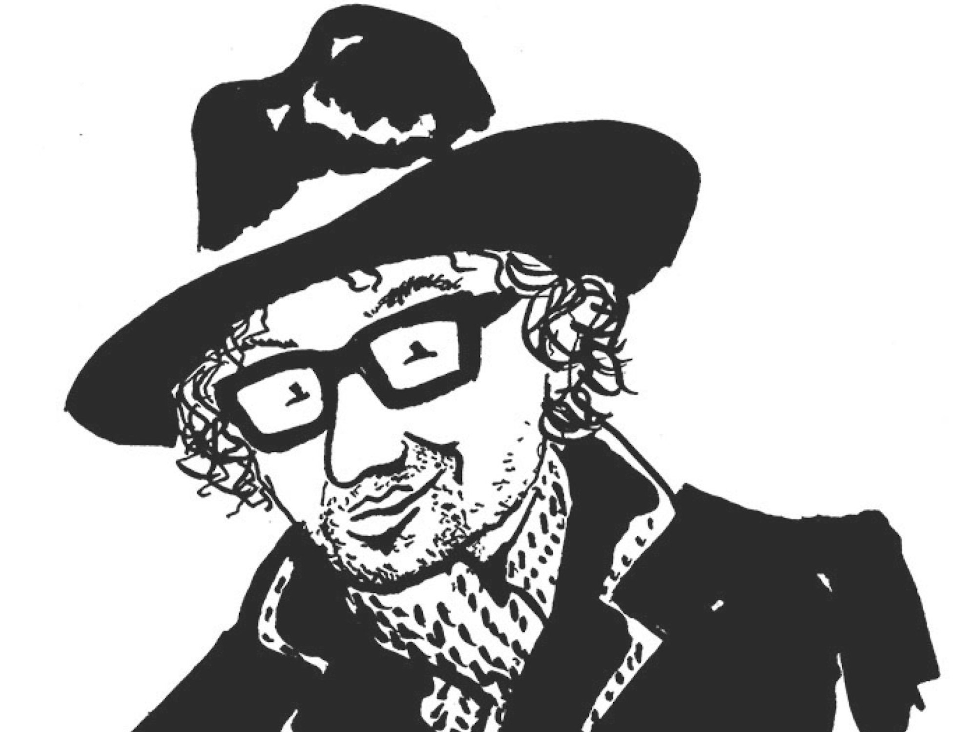 Ein Mann mit Brille, Hut und Bard im Comic-Stil gezeichnet.