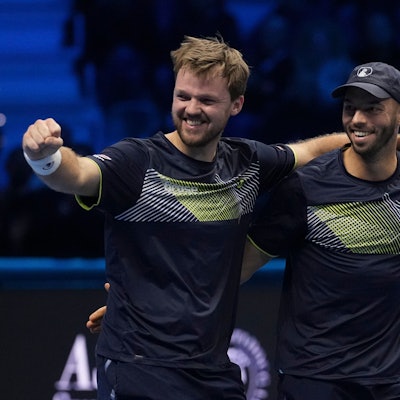 Germany's Kevin Krawietz, left, and Tim Puetz celebrate after winning the doubles final match of the ATP World Tour Finals at the Inalpi Arena in Turin, Italy, Sunday, Nov. 17, 2024. (AP Photo/Antonio Calanni)