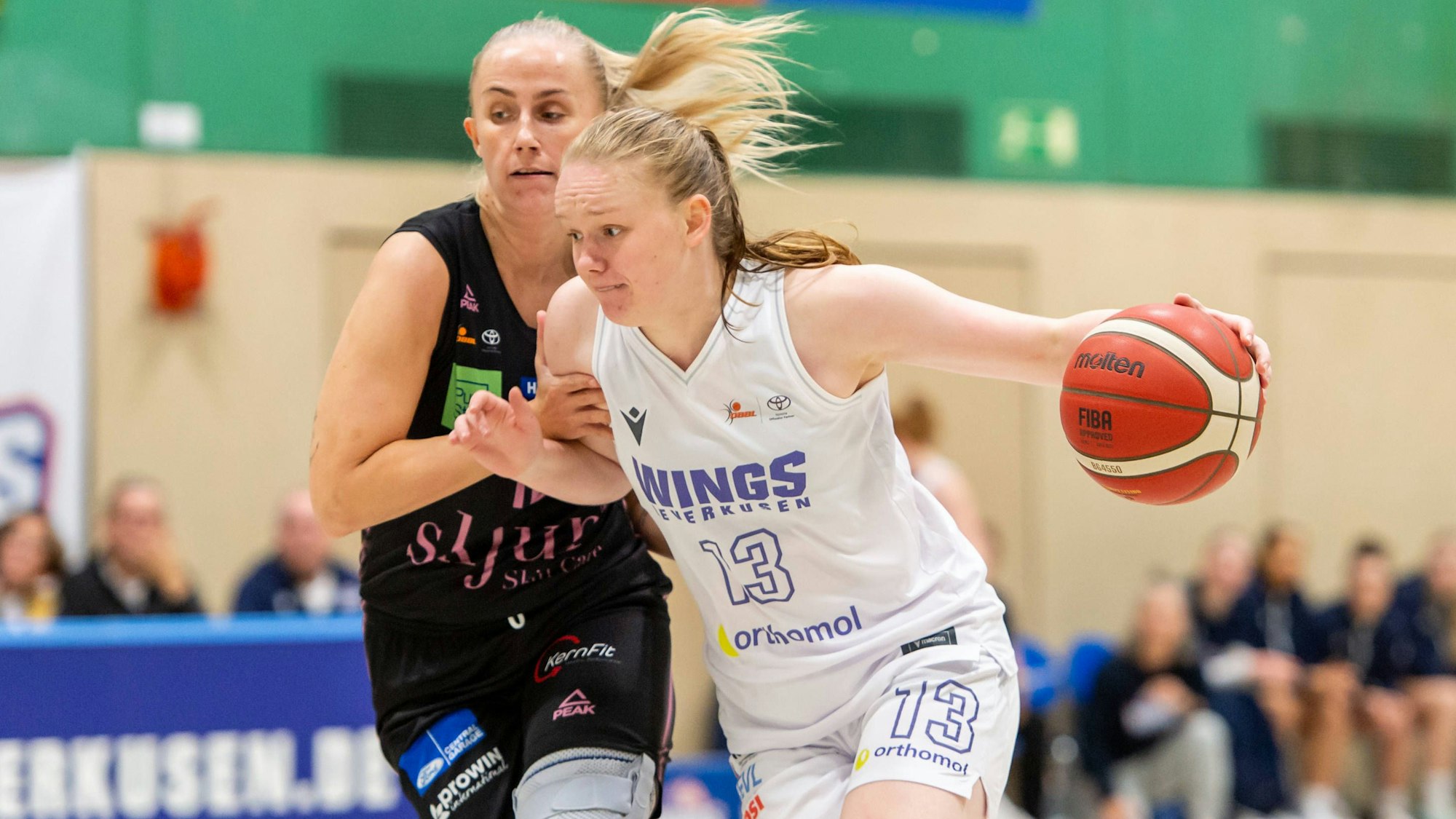Greta Kröger Wings Leverkusen,No.13 am Ball gegen Monika Jasnowska Saarlouis Royals,No.15 DEU, Leverkusen, 01.11.2024 Basketball, Toyota 1. Damen-Basketball-Bundesliga, Saison 2024/2025, 6. Spieltag, Wings Leverkusen - Saarlouis Royals Werner-Heisenberg-Halle NRW Germany *** Greta Kröger Wings Leverkusen,No 13 on the ball against Monika Jasnowska Saarlouis Royals,No 15 DEU, Leverkusen, 01 11 2024 Basketball, Toyota 1 Womens Basketball Bundesliga, Season 2024 2025, 6 Matchday, Wings Leverkusen Saarlouis Royals Werner Heisenberg Halle NRW Germany