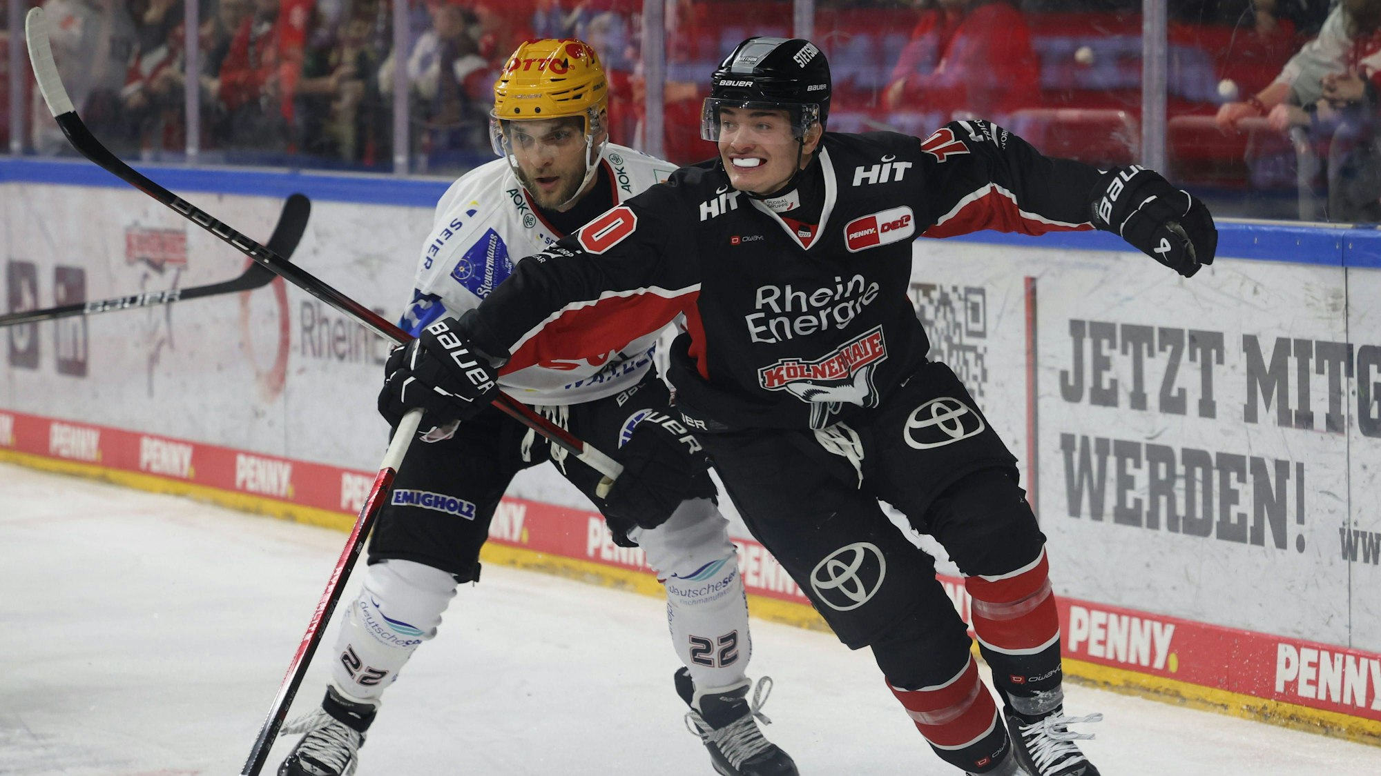 Vladimir Eminger von den Pinguins Bremerhaven im Zweikampf mit Justin Schütz von den Kölner Haien.