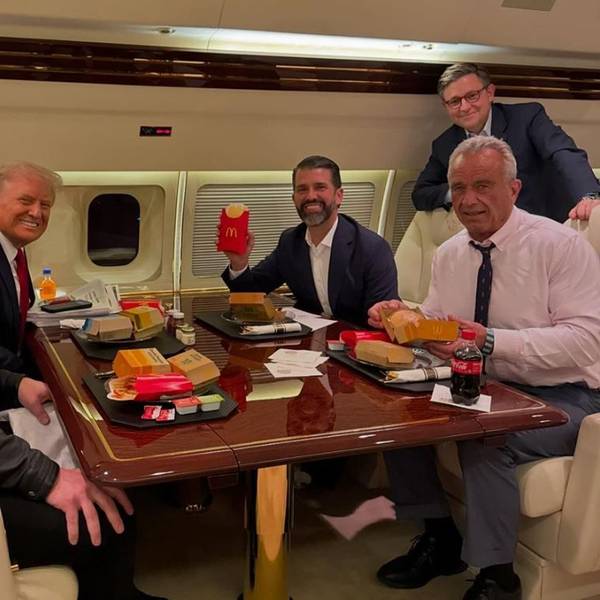 Donald Trump sitzt mit Elon Musk, seinem Sohn Donald Trump Jr. und Robert Kennedy Jr. in seinem Privat-Jet und freut sich auf sein Fast-Food-Menü.