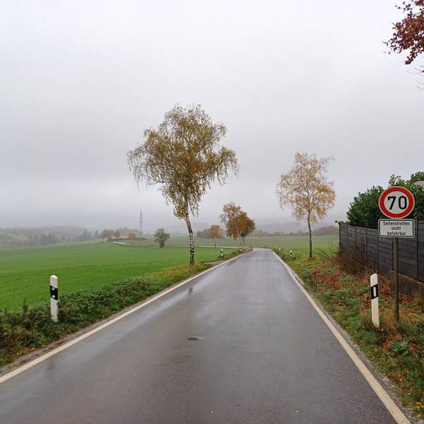 Das Bild zeigt die Kreisstraße 45 von Eschweiler in Richtung Iversheim. Auf der rechten Seite steht ein Tempo-70-Schild. Die Straße ist nass.