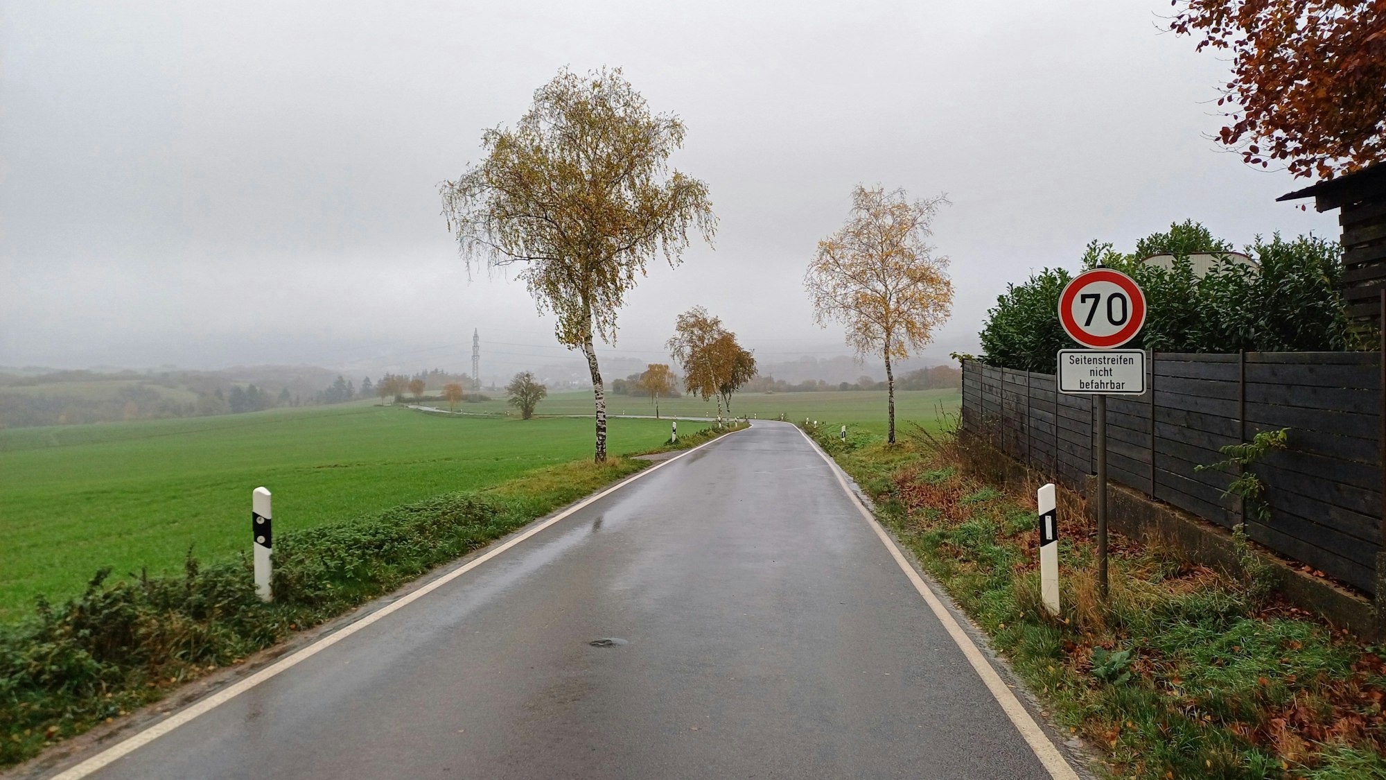 Das Bild zeigt die Kreisstraße 45 von Eschweiler in Richtung Iversheim. Auf der rechten Seite steht ein Tempo-70-Schild. Die Straße ist nass.
